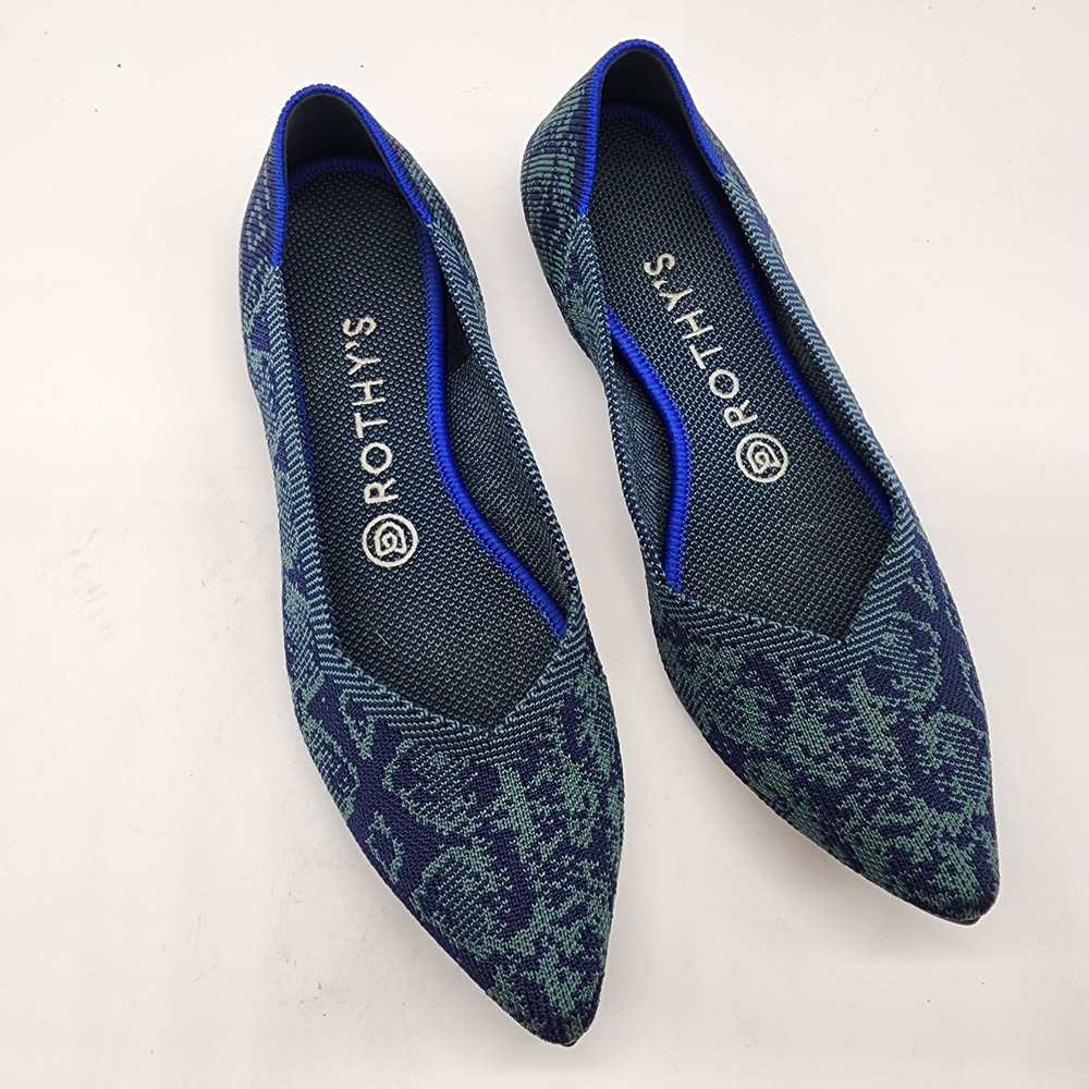Rothy's The Point Flats Women's 8 Blue Green Floral Knit Pointed Toe Shoes